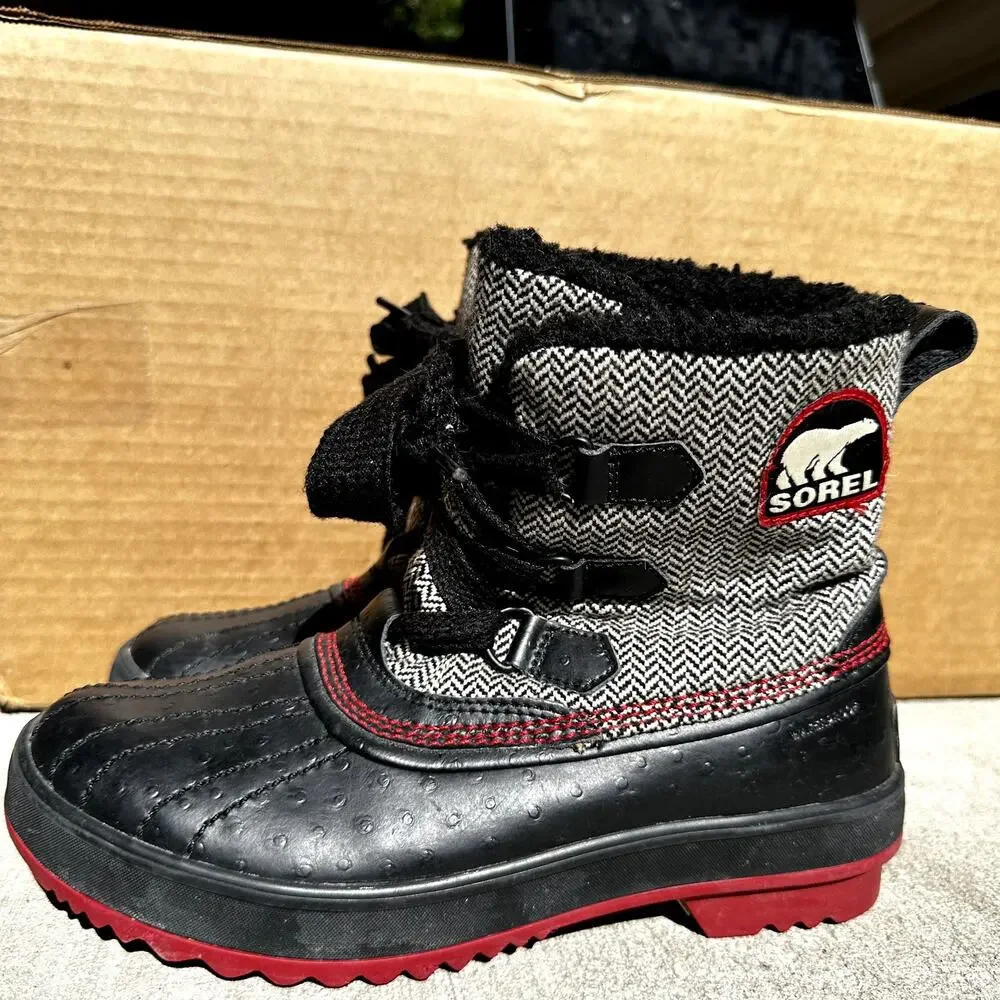 Sorel Tivoli Herringbone Tweed Winter Snow Boots Lace Up Chevron Faux Fur Red 7